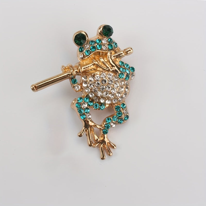 Women's Rhinestone Frog Brooch with Flute Jewelry Accessory