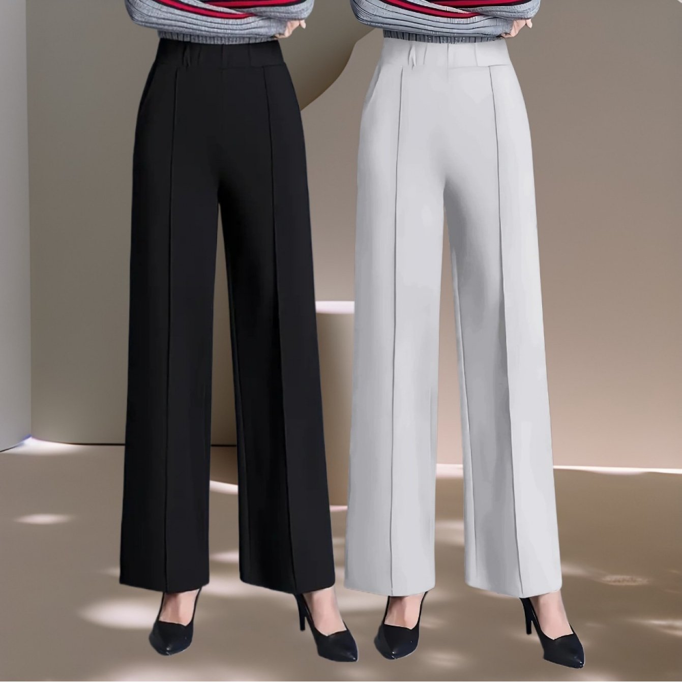 Women's Solid Color Wide Leg Casual Pants with Slanted Pockets 2-Pack
