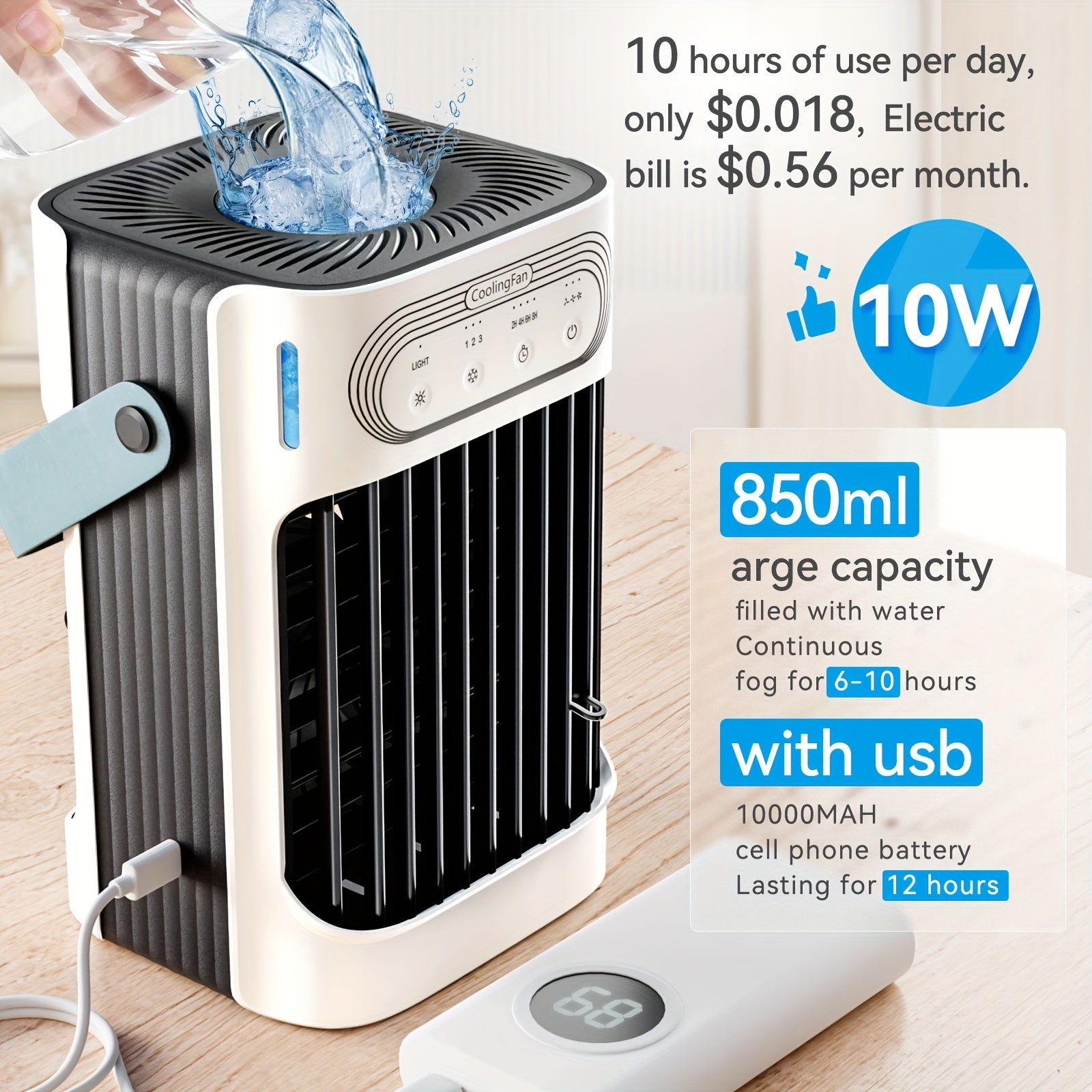 Portable Evaporative Cooler Fan with 3 Mist Settings 3 Speed USB Touch Control
