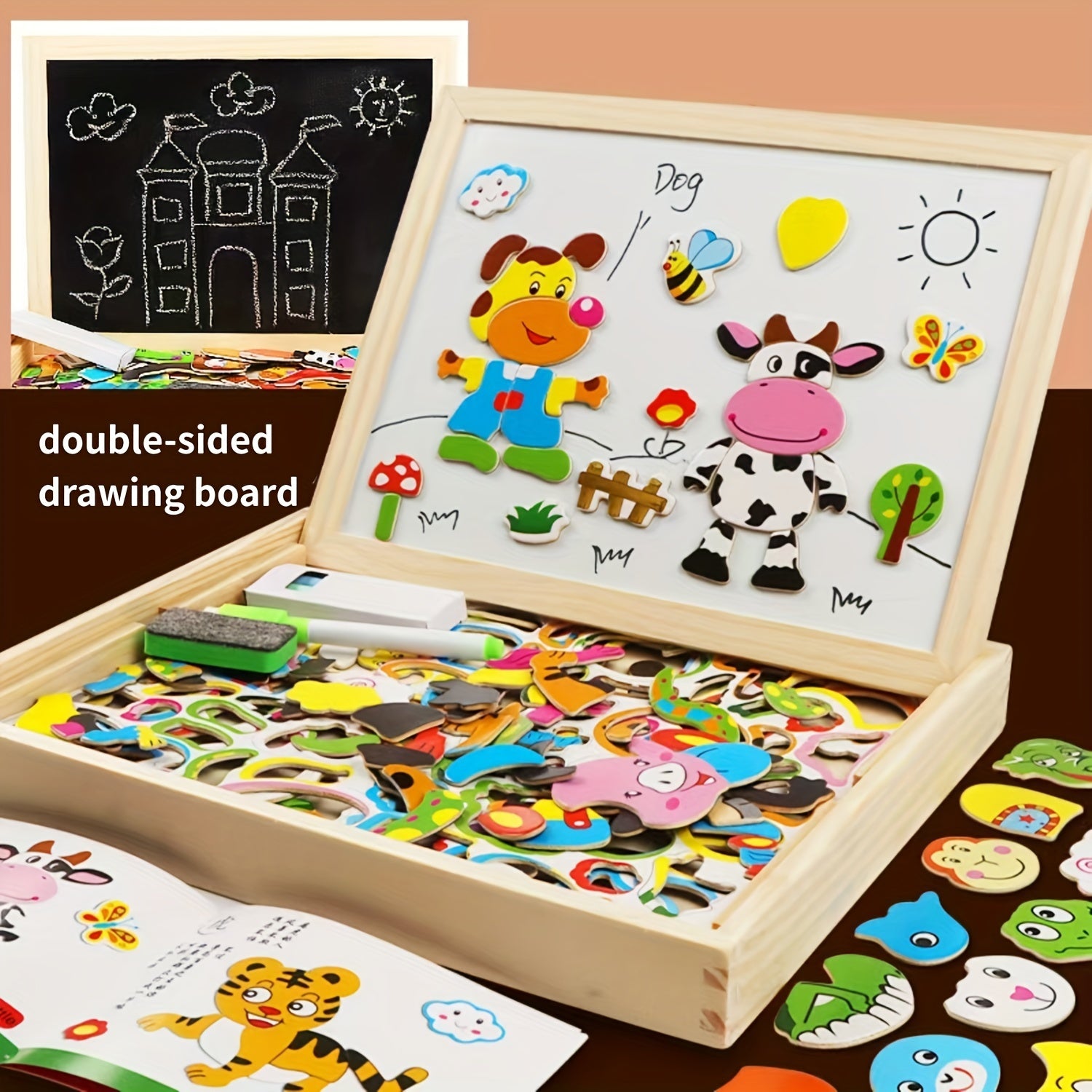 Children's Wooden Puzzle Set with Paintbrush and Chalkboard Educational Toys for Kids Age 3+