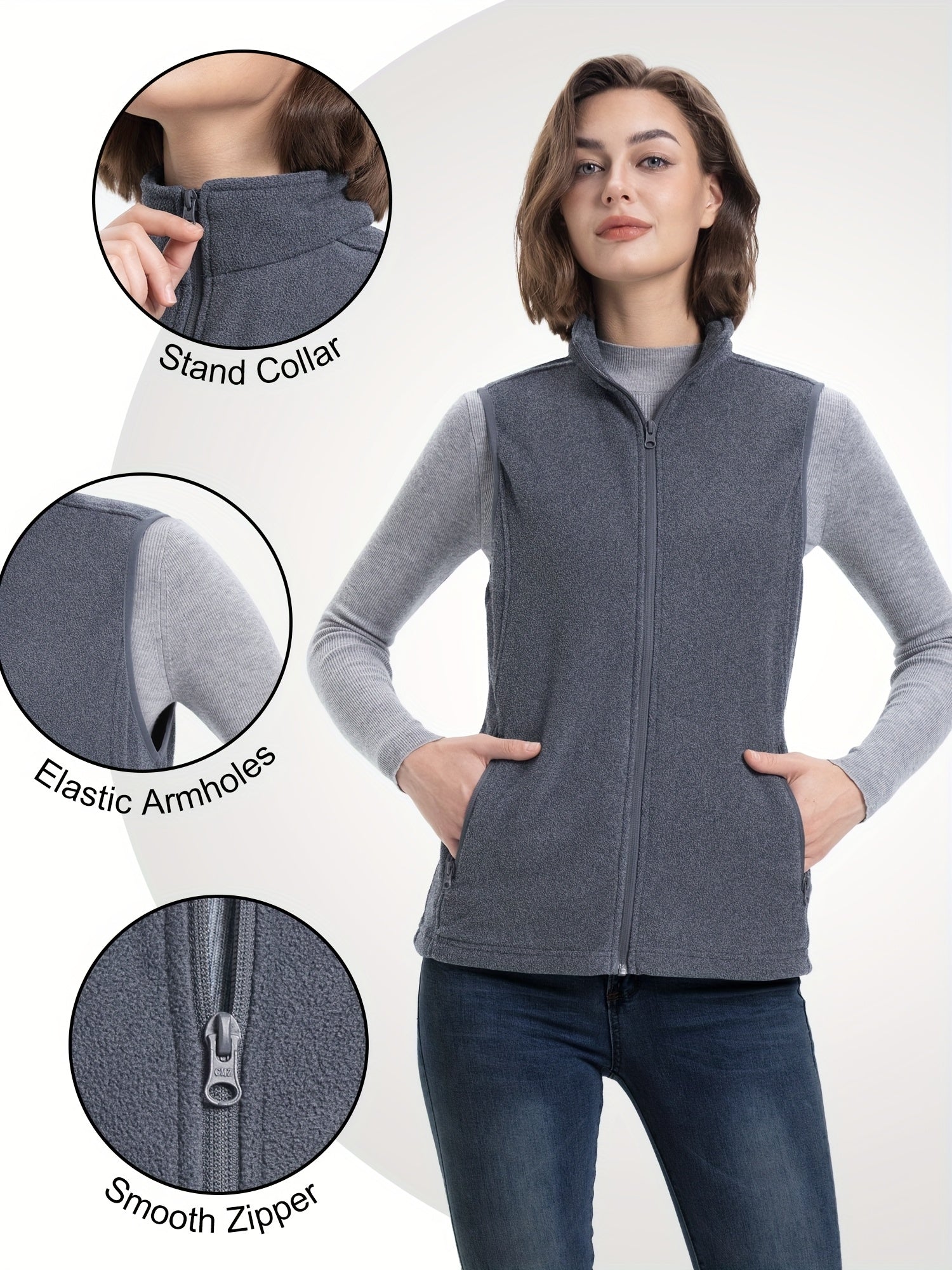 Women’s Lightweight Fleece Vest with Pocket Stand Collar Zip-Up Sleeveless Spring Fall
