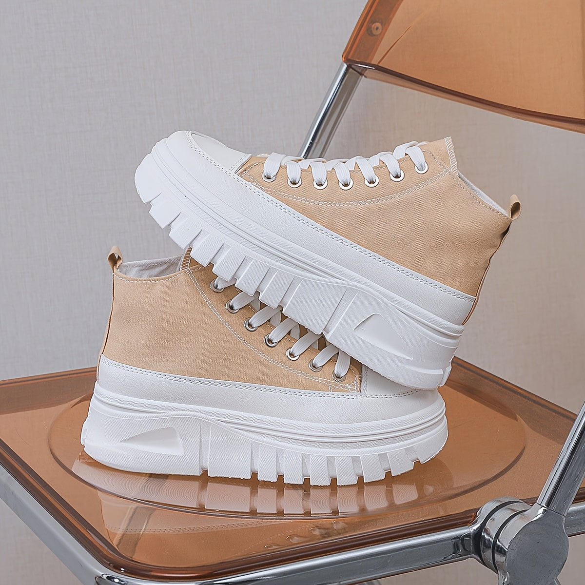 Women's Chunky Platform Lace-Up Sneakers Breathable Mid-Top Casual Shoes