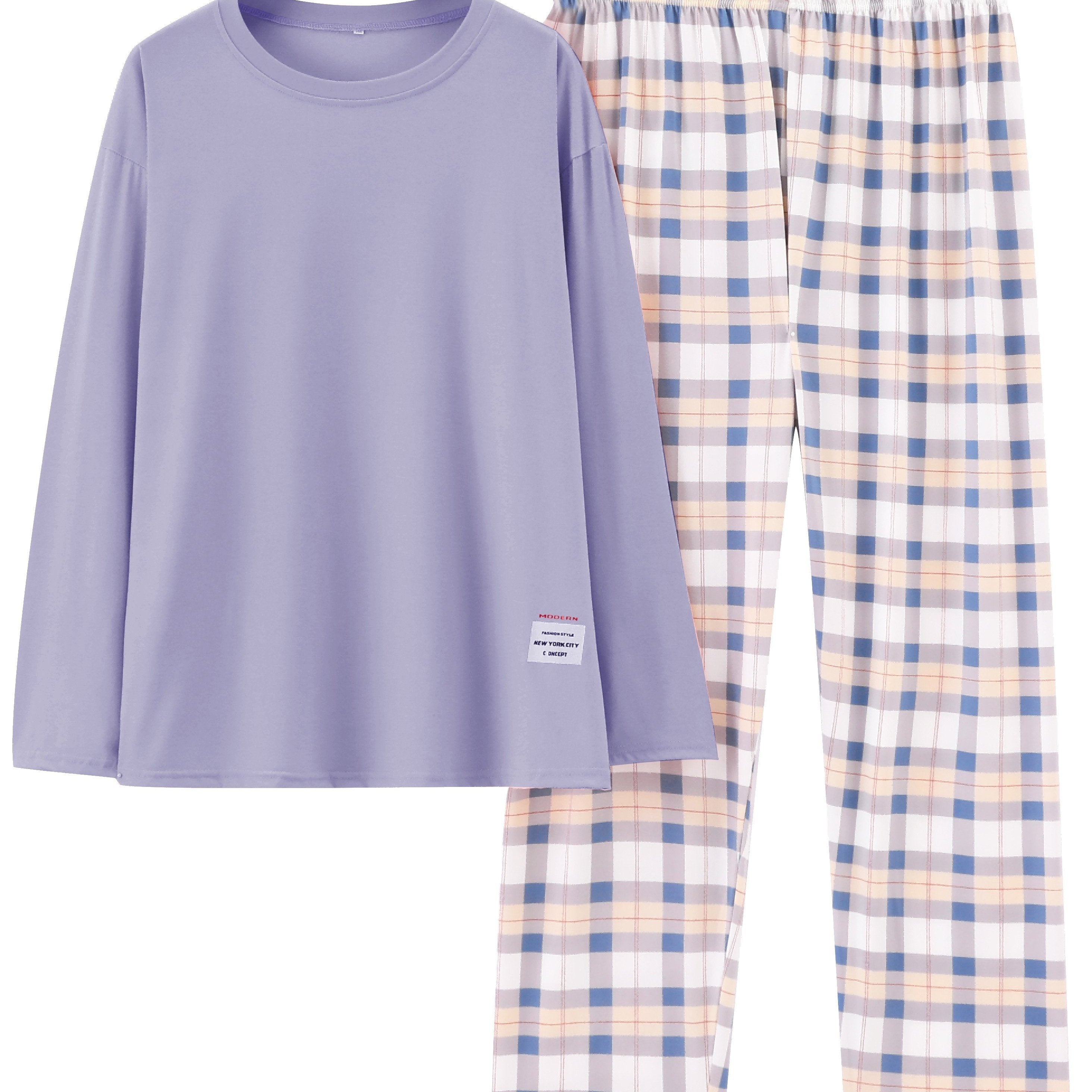 Plus Size Casual Pajamas Set Women Long Sleeve Tee and Plaid Pants Comfortable Loungewear