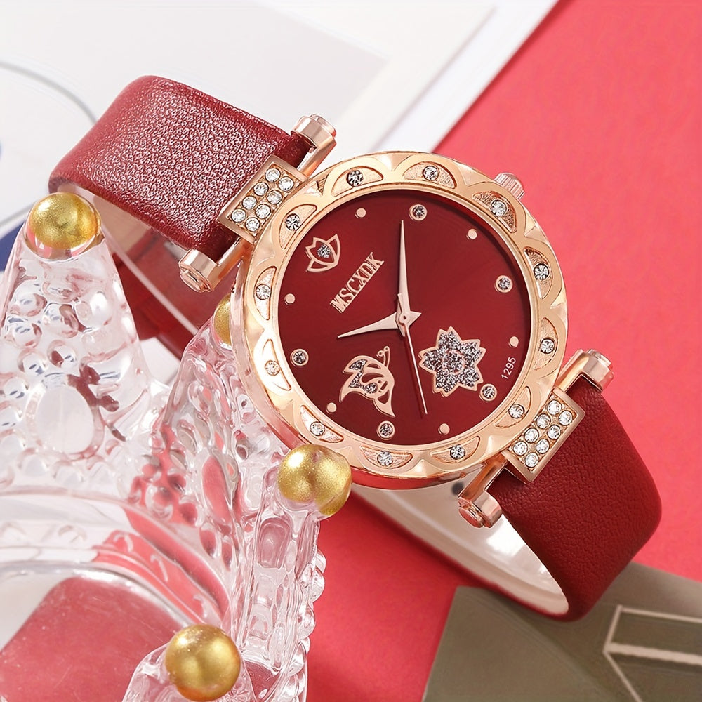Women's Quartz Watch and Glasses Set Circular Analog Face Vegan Leather Strap Zinc Alloy Casing Tassel Wallet Gift