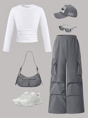 Conjunto de dos piezas de otoño para niños, camiseta de manga larga y pantalones de pierna ancha, poliéster sólido