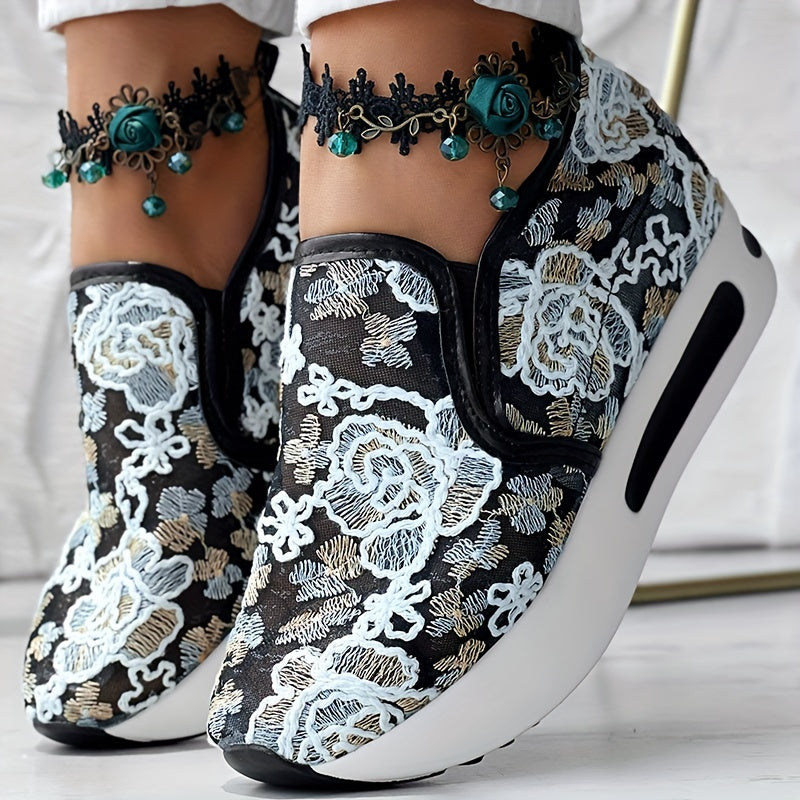 Women’s Colorful Embroidered Floral Slip-On Sneakers Breathable Fabric