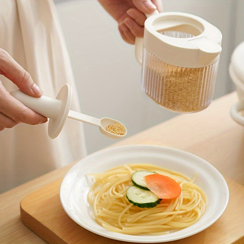 Envase de condimentos de plástico con cuchara, tapa retráctil a prueba de fugas, frasco transparente para almacenamiento en la cocina