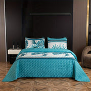Tropical Palm Print Reversible Bedspread Set with 2 Pillowcases 3 Pieces Ultra Soft Polyester