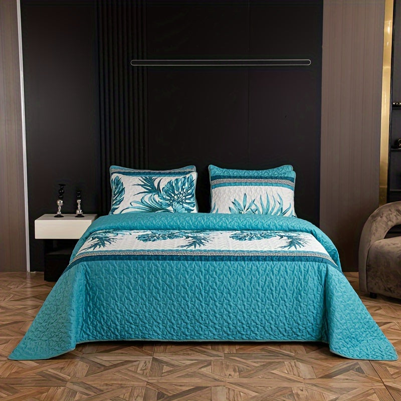 Tropical Palm Print Reversible Bedspread Set with 2 Pillowcases 3 Pieces Ultra Soft Polyester