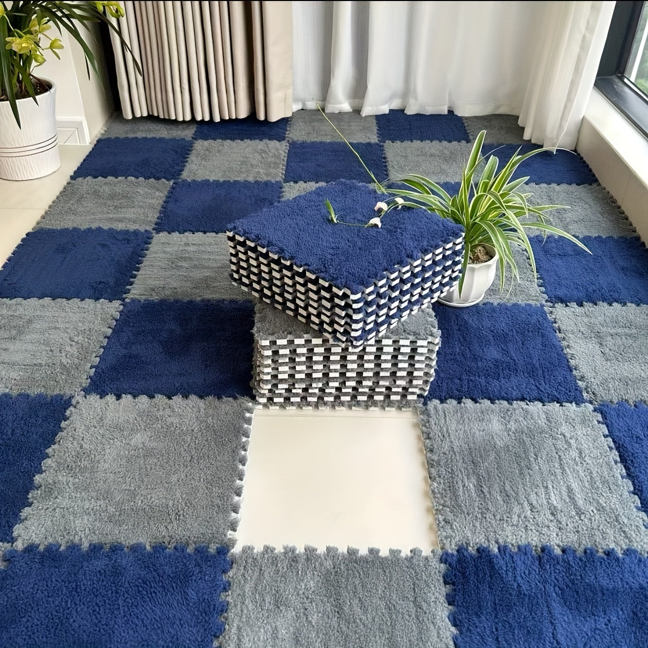 Set of 24 Floral Plush Interlocking Floor Mats Square Shape for Living Room and Bedroom