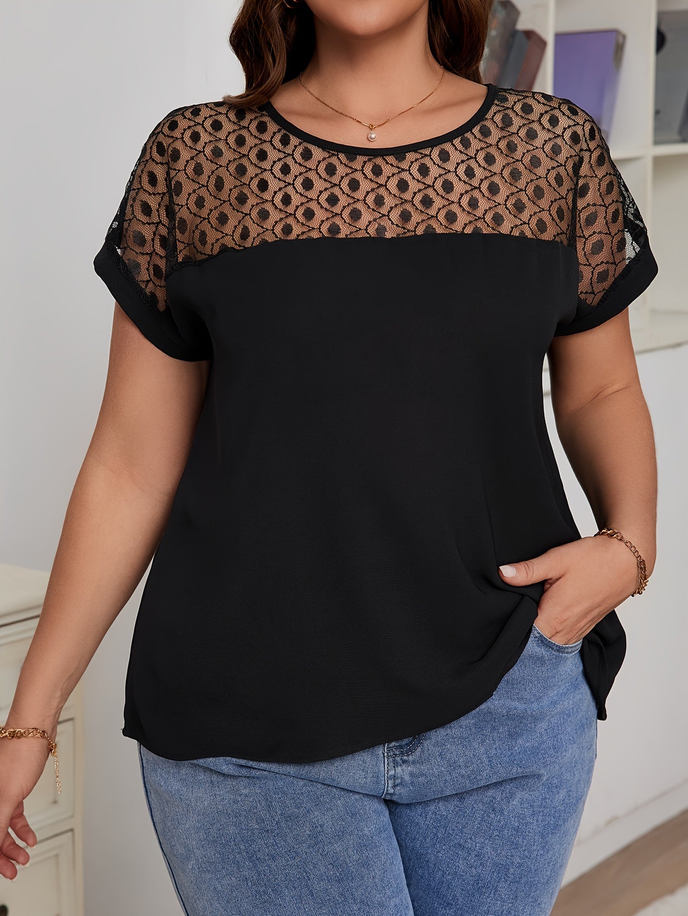 Women Plus Size Lace Stitching Crew Neck Blouse Casual Short Sleeve Spring Summer