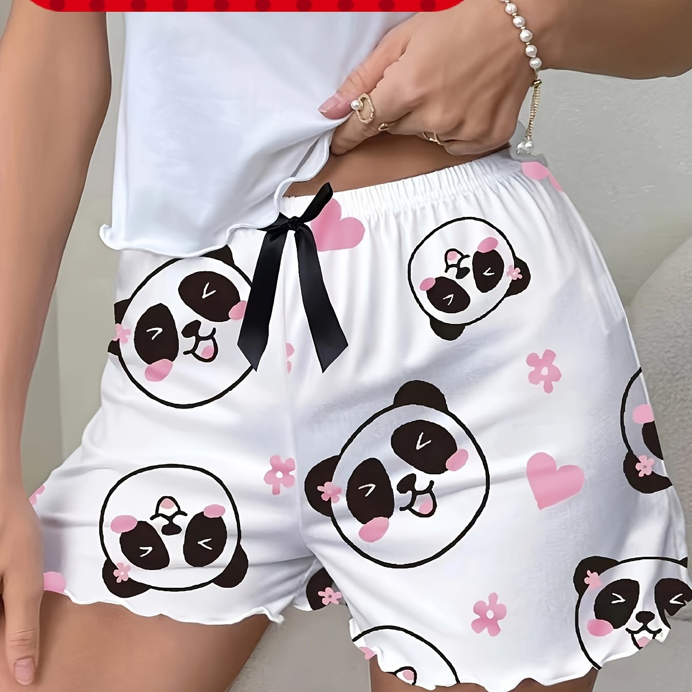 Women's Sleep Shorts with Panda Print Frill Trim Elastic Waist Casual Loungewear