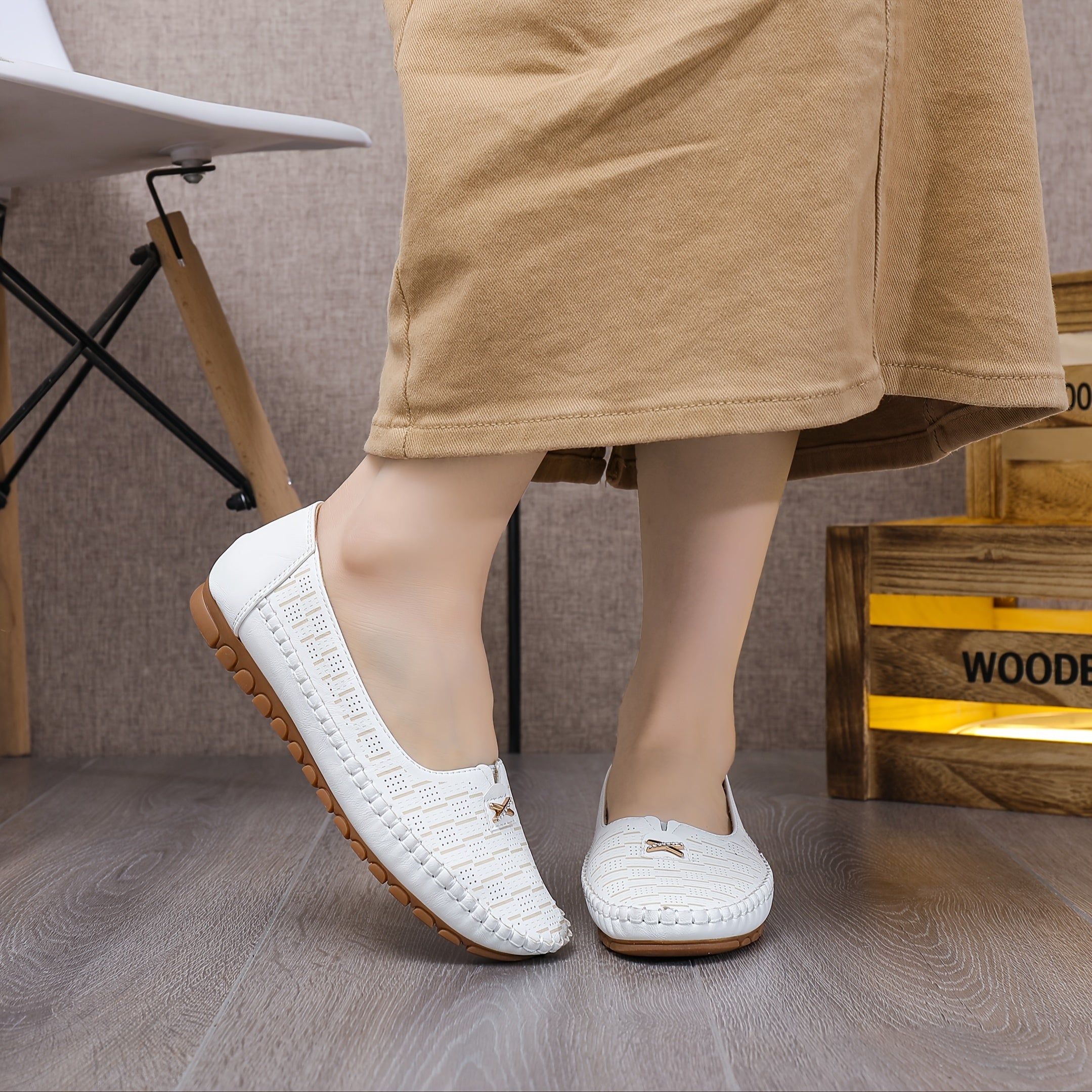 Women's Slip-On Loafers with Metal Buckle, Solid Color, Plain Toe