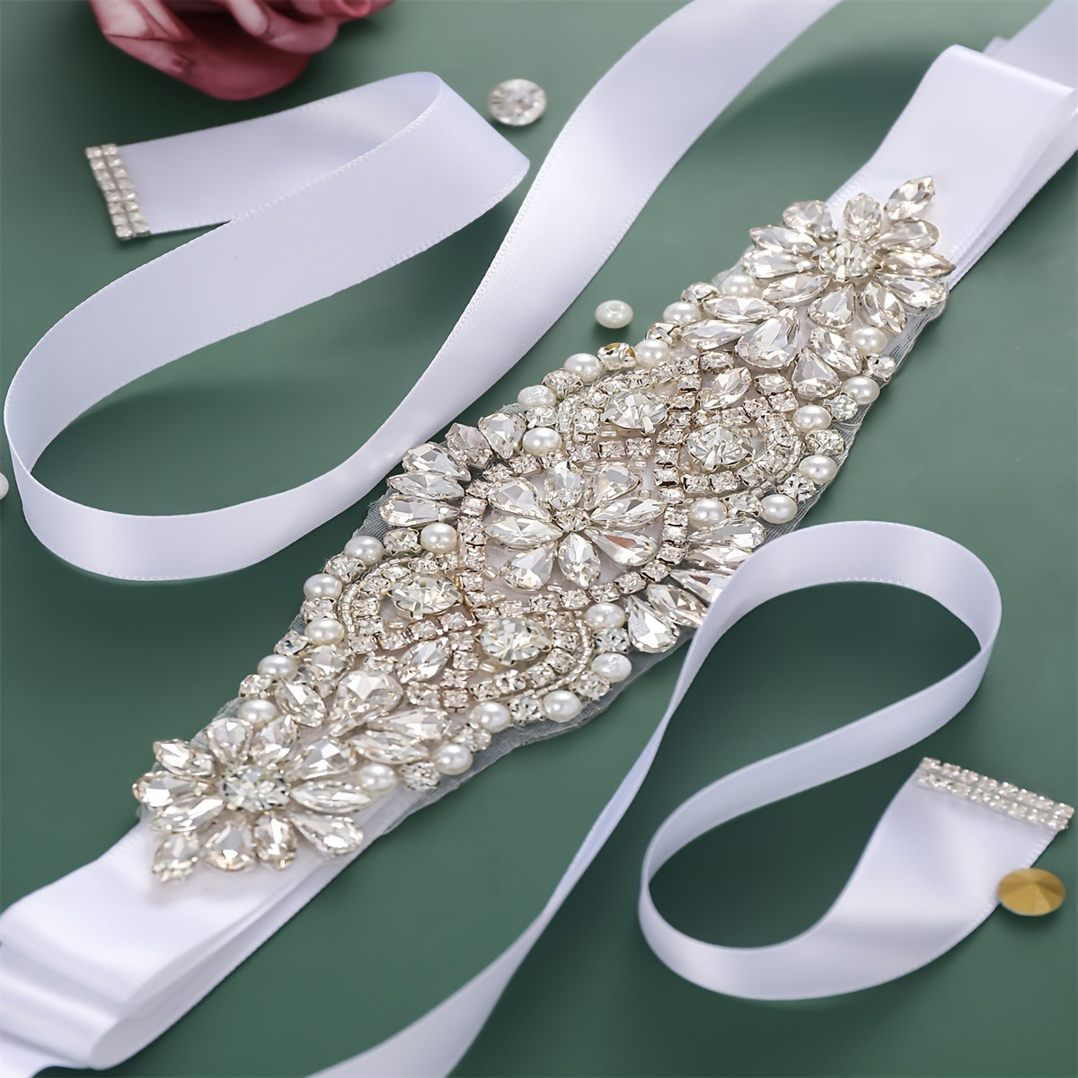 Handcrafted Rhinestone Bridal Belt Waist Chain Sash with Faux Pearl Beads Wedding Dress Accessory