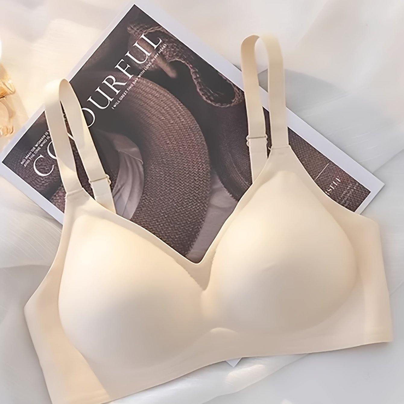 Women's Seamless Push-Up Bra with Support Cups Beige Adjustable Straps