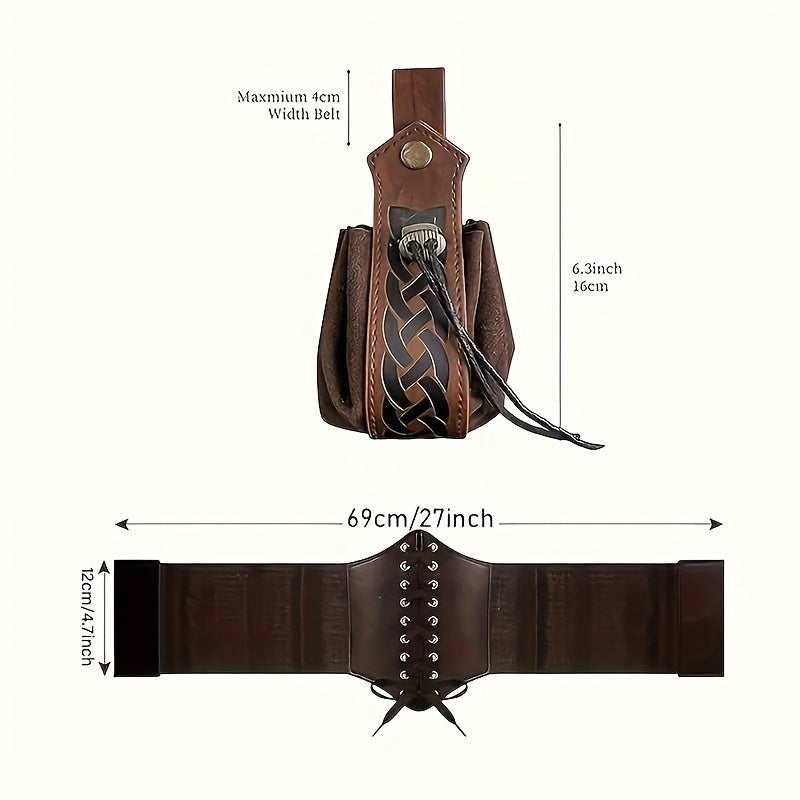 Medieval Renaissance Viking Costume Set with Leather Waist Guard Belt and Pouch for Halloween Cosplay LARP Stage