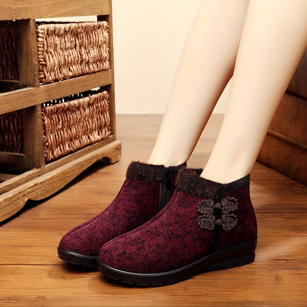 Women's Plush Snow Boots Vintage Flower Non-slip Warm Winter Shoes
