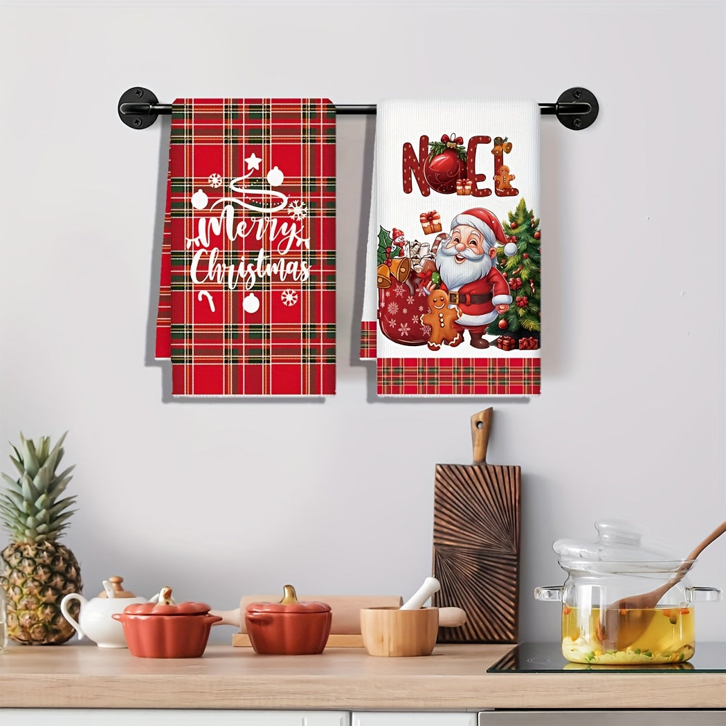 Set of 2 Christmas Kitchen Towels Microfiber Santa Gingerbread Red Plaid 70cm