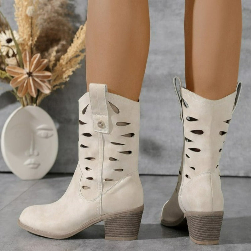 Women's Chunky Mid-Calf Boots Leather Stylish Comfortable Winter Shoes