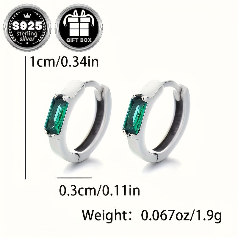 Unisex Sterling Silver Earrings with Green Zirconia Square Inlay