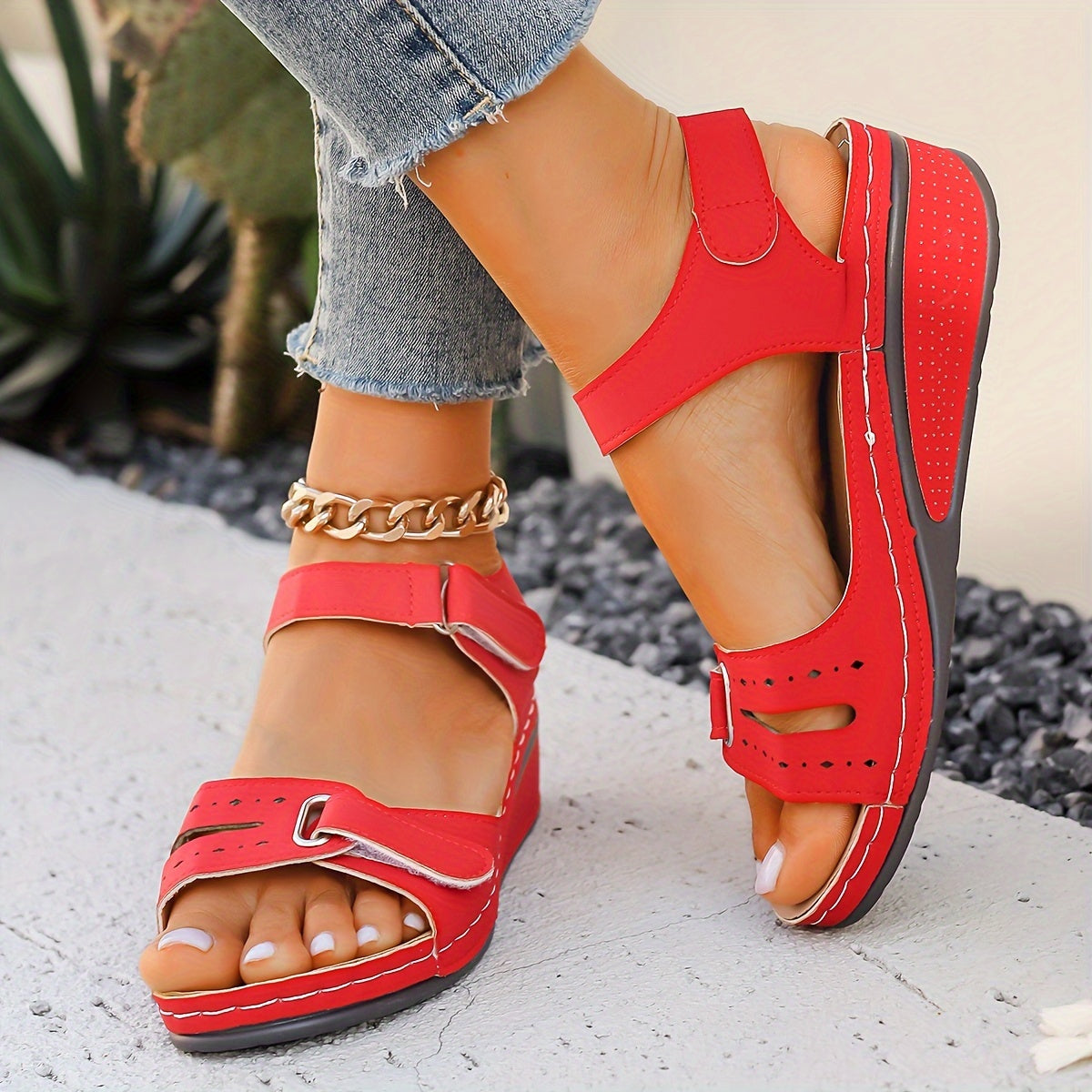 Women's Solid Color Wedge Sandals Open Toe Platform Ankle Strap