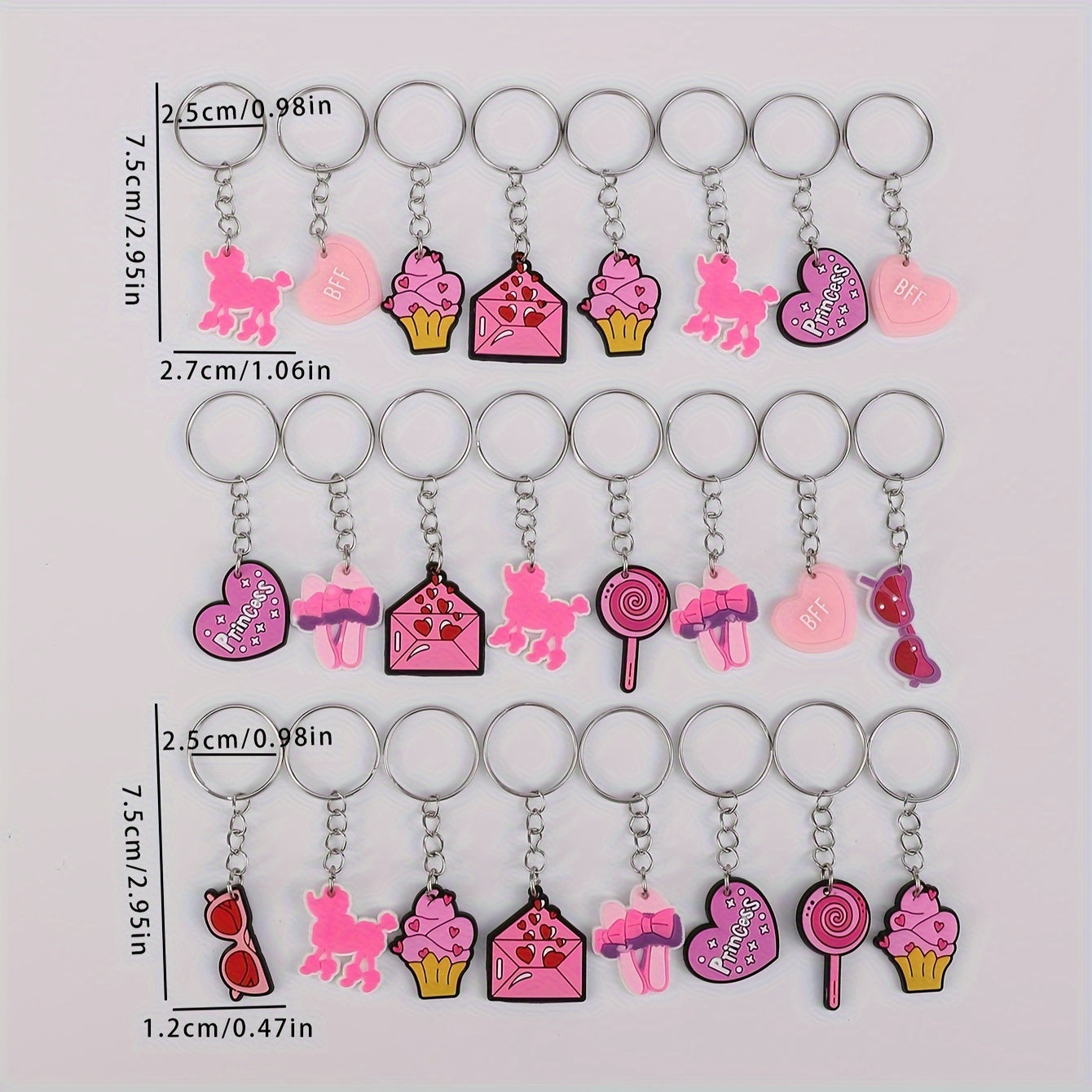 Set de llavero de PVC rosa con charms de dibujos animados, corazones, poodles, helados y piruletas para damas y niñas