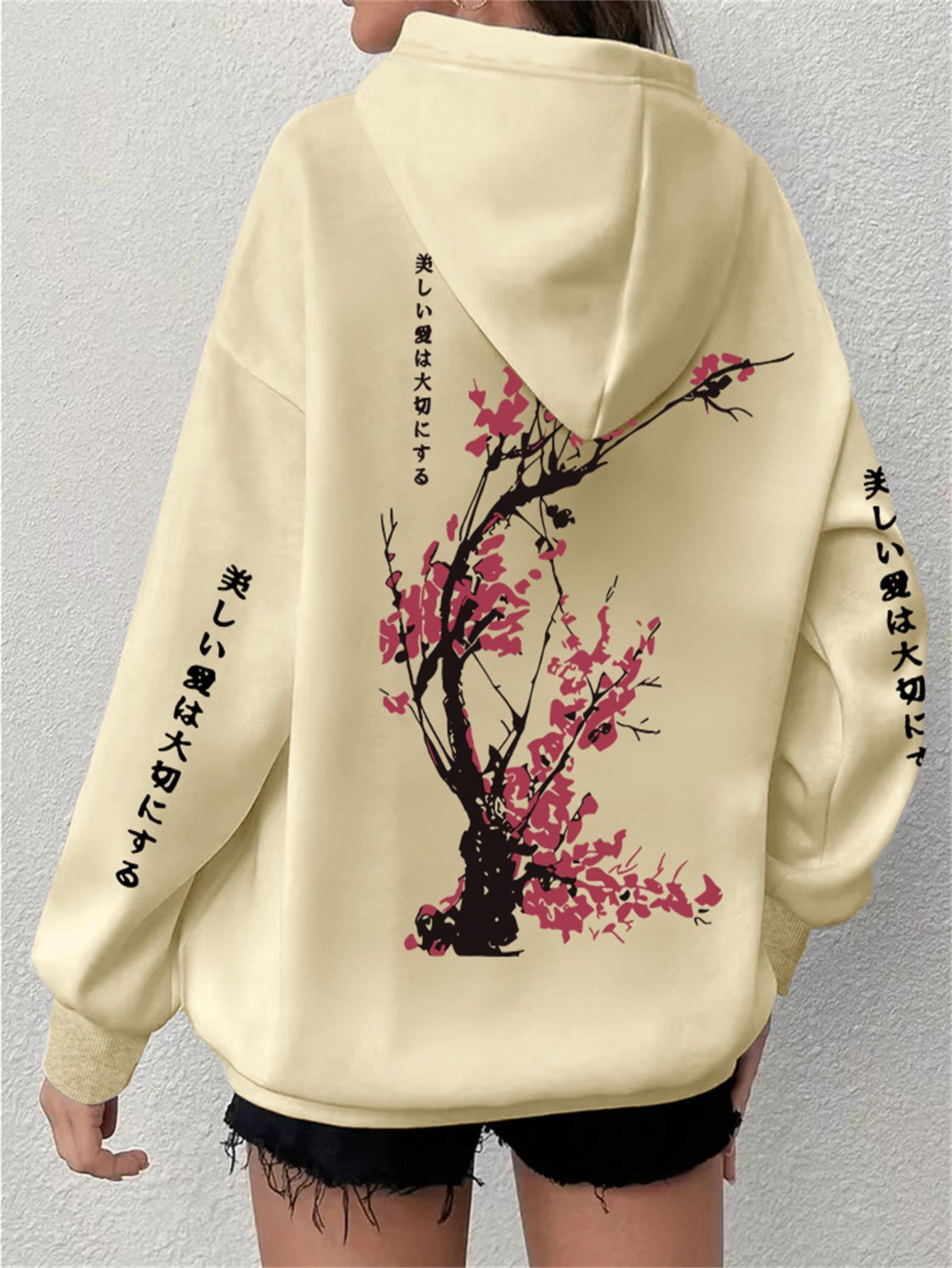 Women's Plus Size Floral Cherry Blossom Print Hoodie Long Sleeve Pockets Pullover