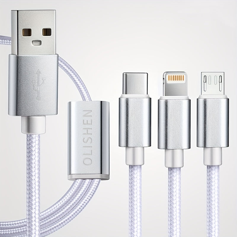 3-in-1 Nylon Braided USB Charging Cable for iPhone Micro USB Type-C Fast Data Sync