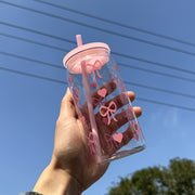 16oz Pink Bowknot Travel Mug with Straw and Lid BPA-Free Plastic