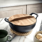 Cast Iron Stew Pot with Wooden Lid Double-Ear Flat Bottom Non-Stick Multi-Functional
