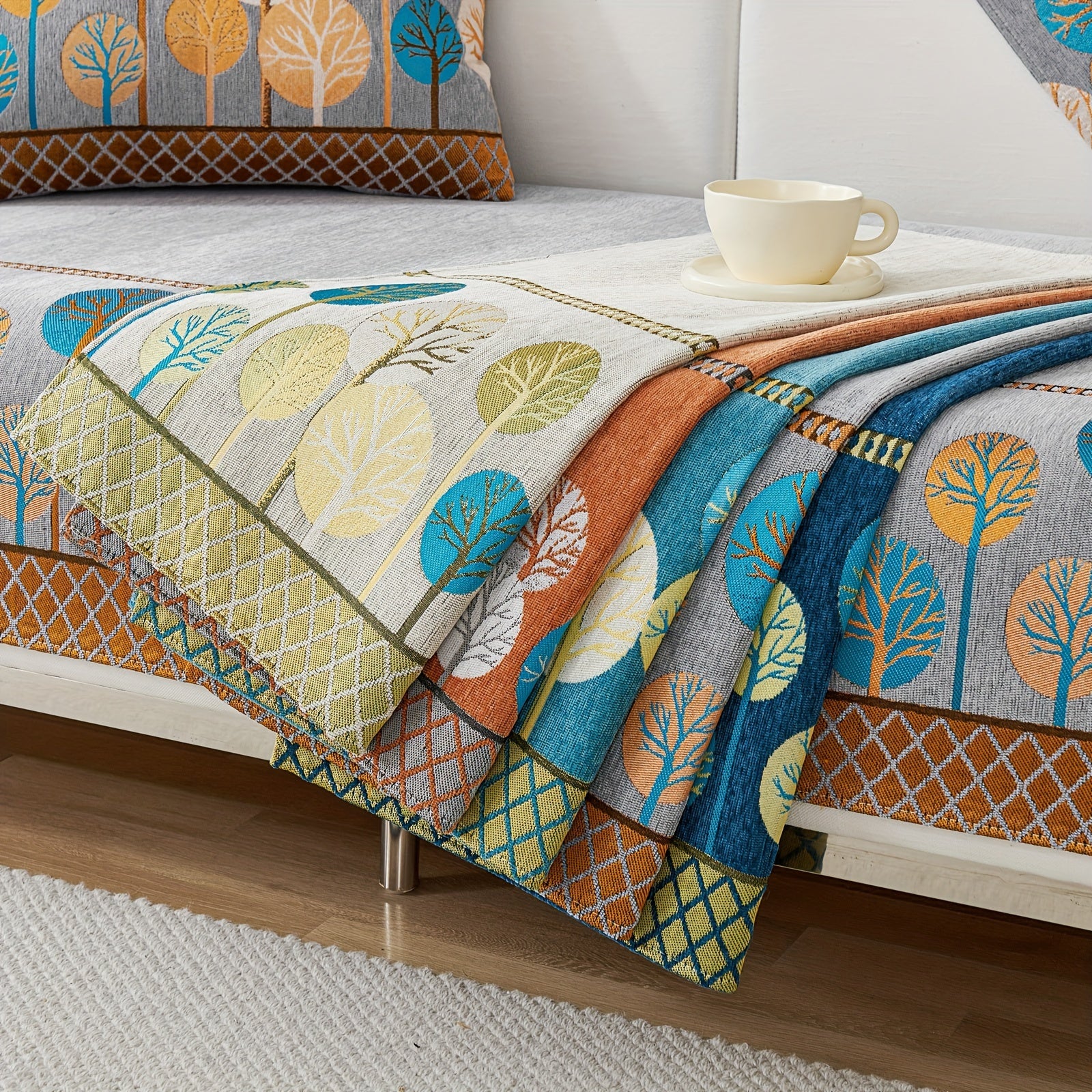 Bohemian Style Sofa Cover with Moonlight Forest Tree Pattern Non-Slip Machine Washable for Single to Quadruple Seat Sofas