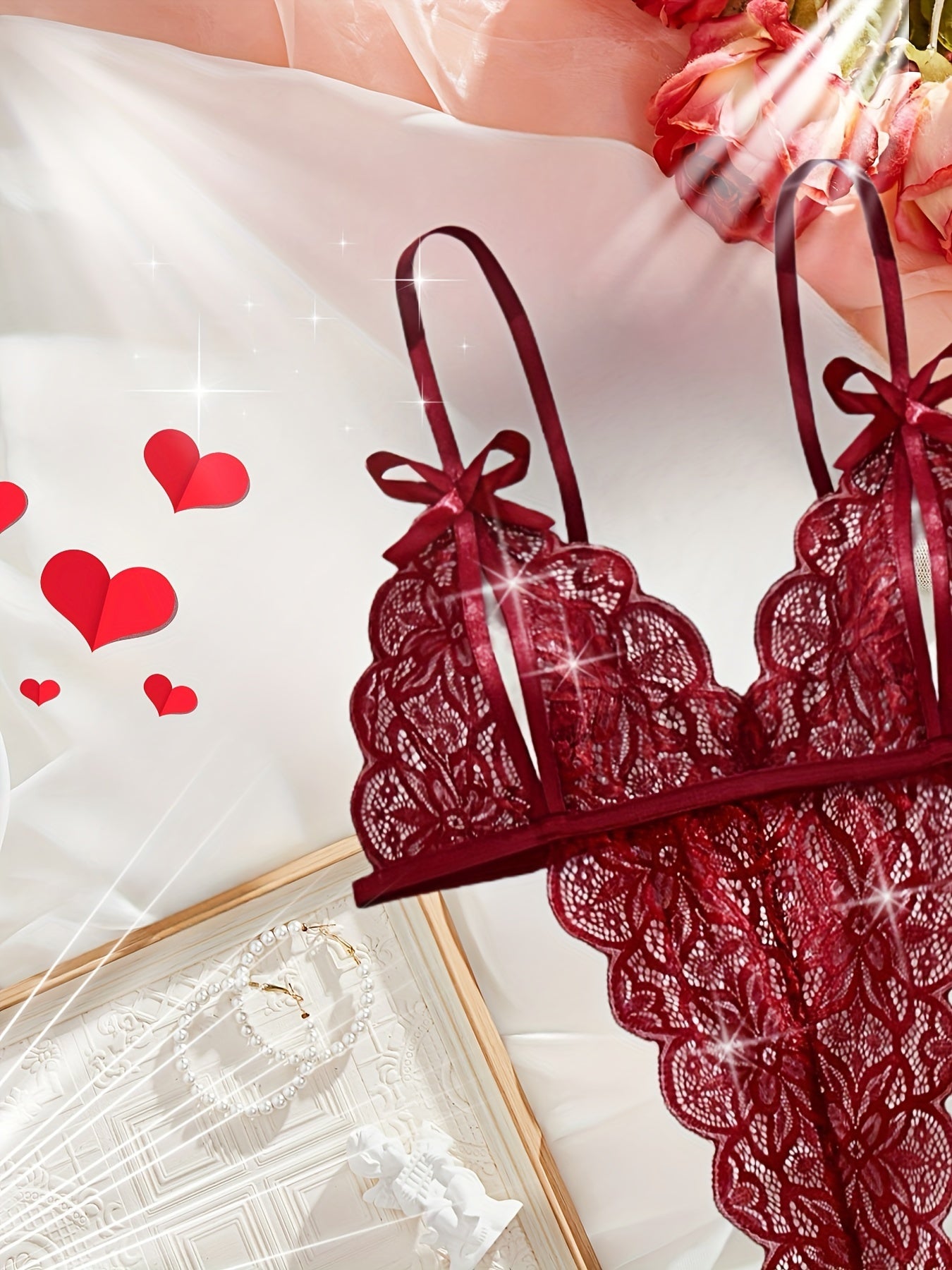 Pack de 2 bodies de encaje para mujer, lencería semi-transparente floral, rojo y negro