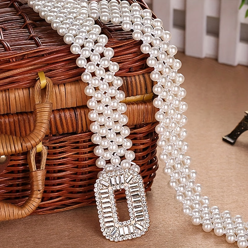 Women Beaded Elastic Waist Belt with Rhinestone Buckle for Dresses and Outerwear
