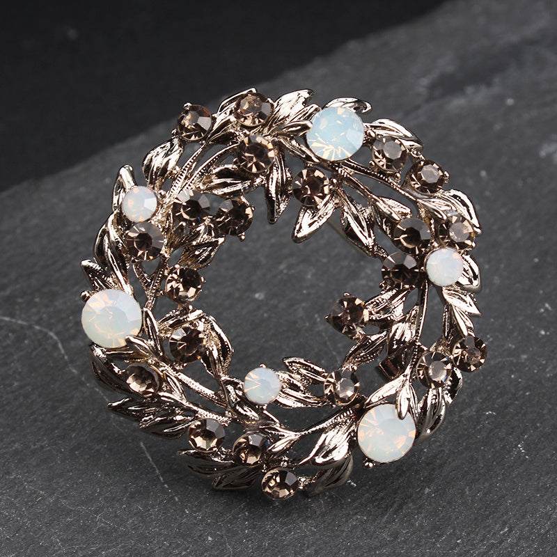 Vintage Floral Brooch with Rhinestones and Enamel Leaf Garland for Women