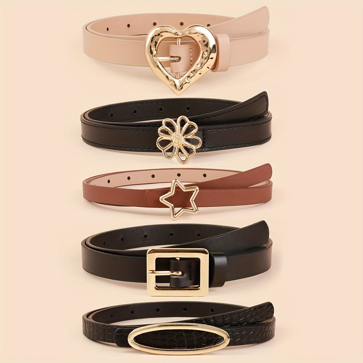 Набор из 5 женских тонких ремней из искусственной кожи в однотонных цветах для платьев и пальто