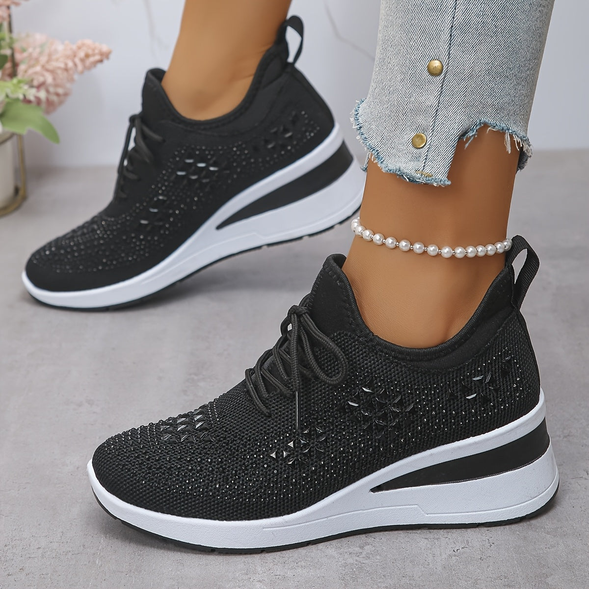 Women's Rhinestone Sneakers Black Casual Low-Top Lace-Up Comfort Footwear
