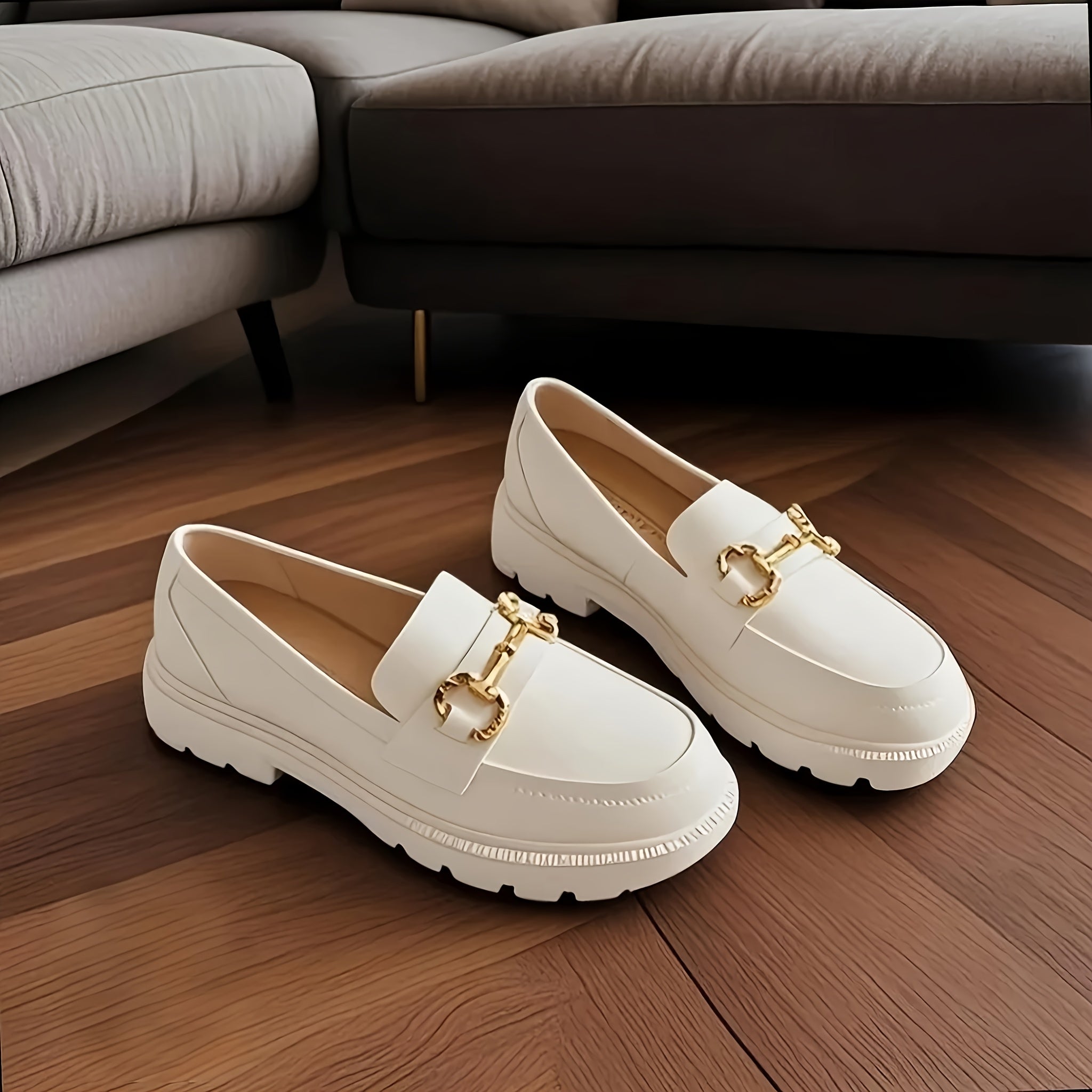 Women's Retro French-Inspired Slip-On Loafers Beige EVA Rubber Sole