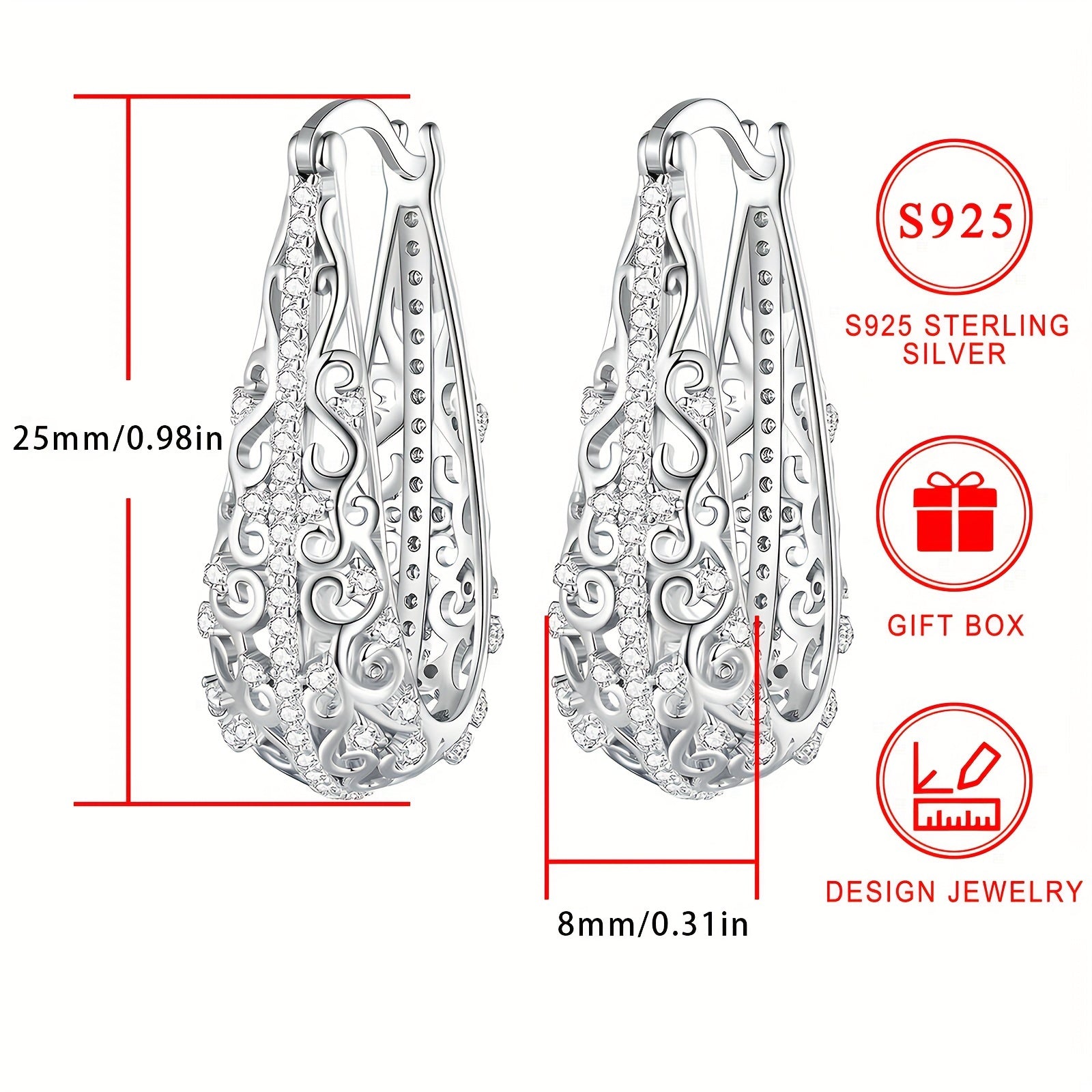Large Silver Earrings with Zirconia Flower Pattern 18K Gold Plated Hypoallergenic