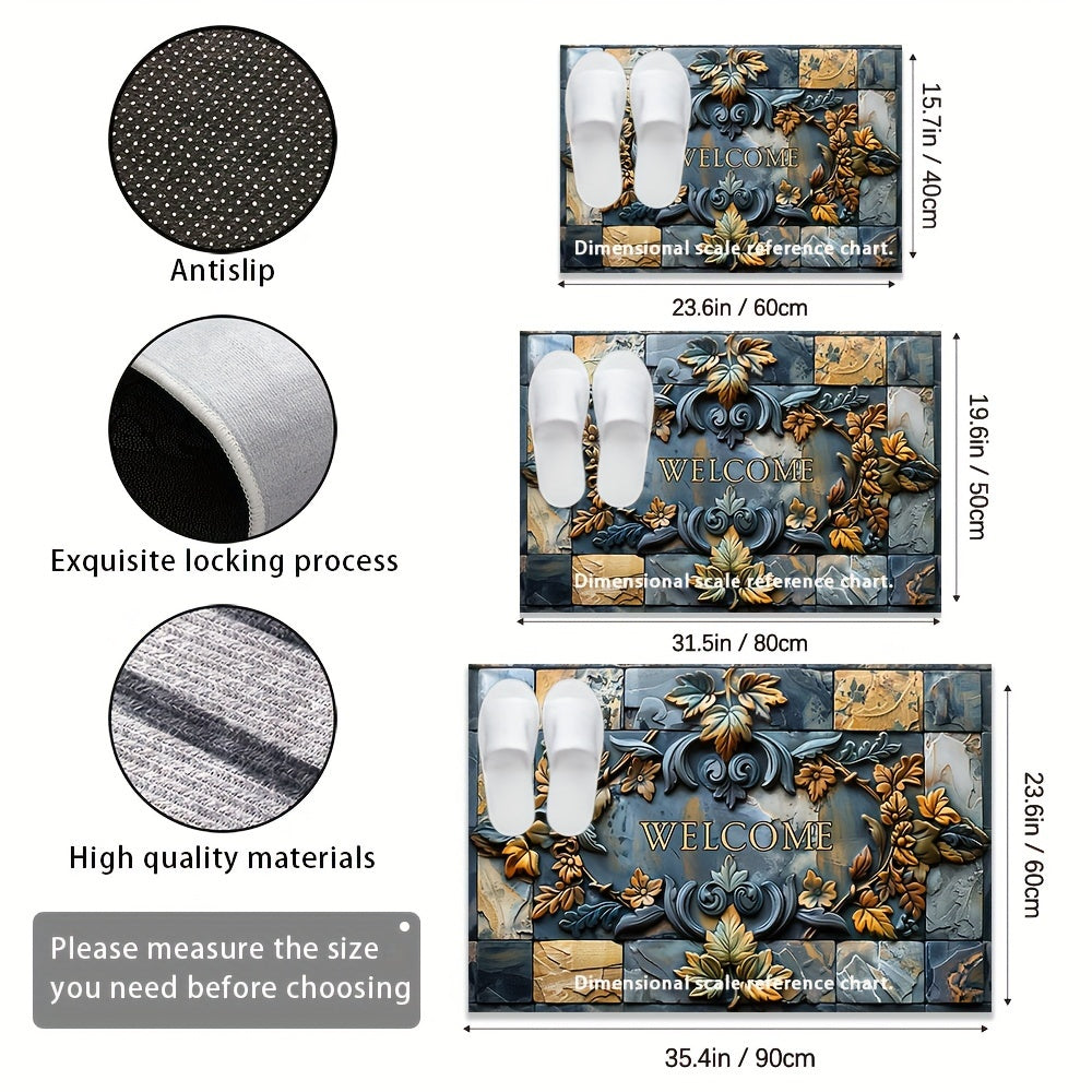 Alfombra de bienvenida opulenta con diseño en relieve de piedra y botánica en 3D, antideslizante, impermeable, de poliéster