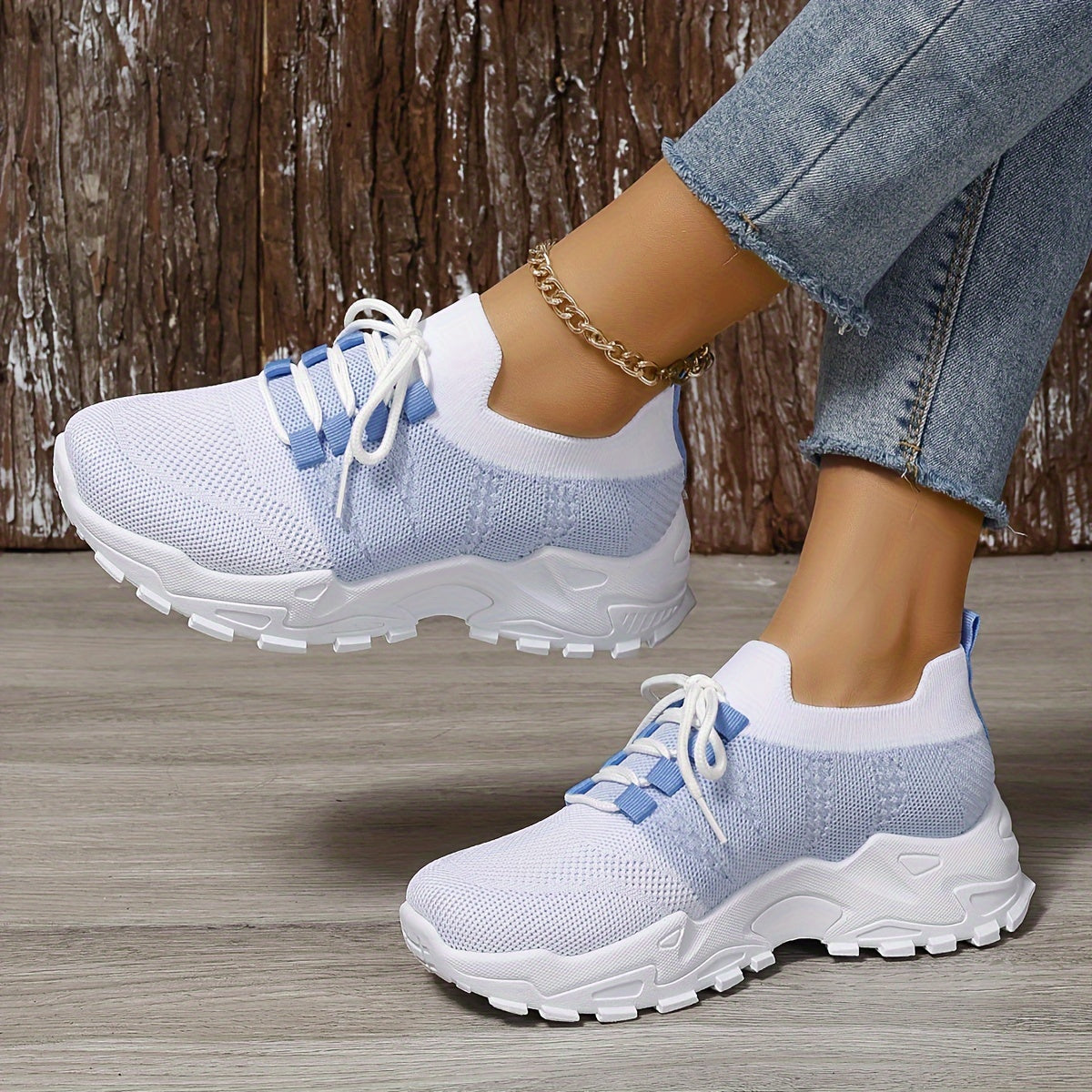 Ayollar uchun nafas oladigan knit platform sport poyafzallari, kundalik lenta bilan bog‘lanadigan tashqi poyafzallar