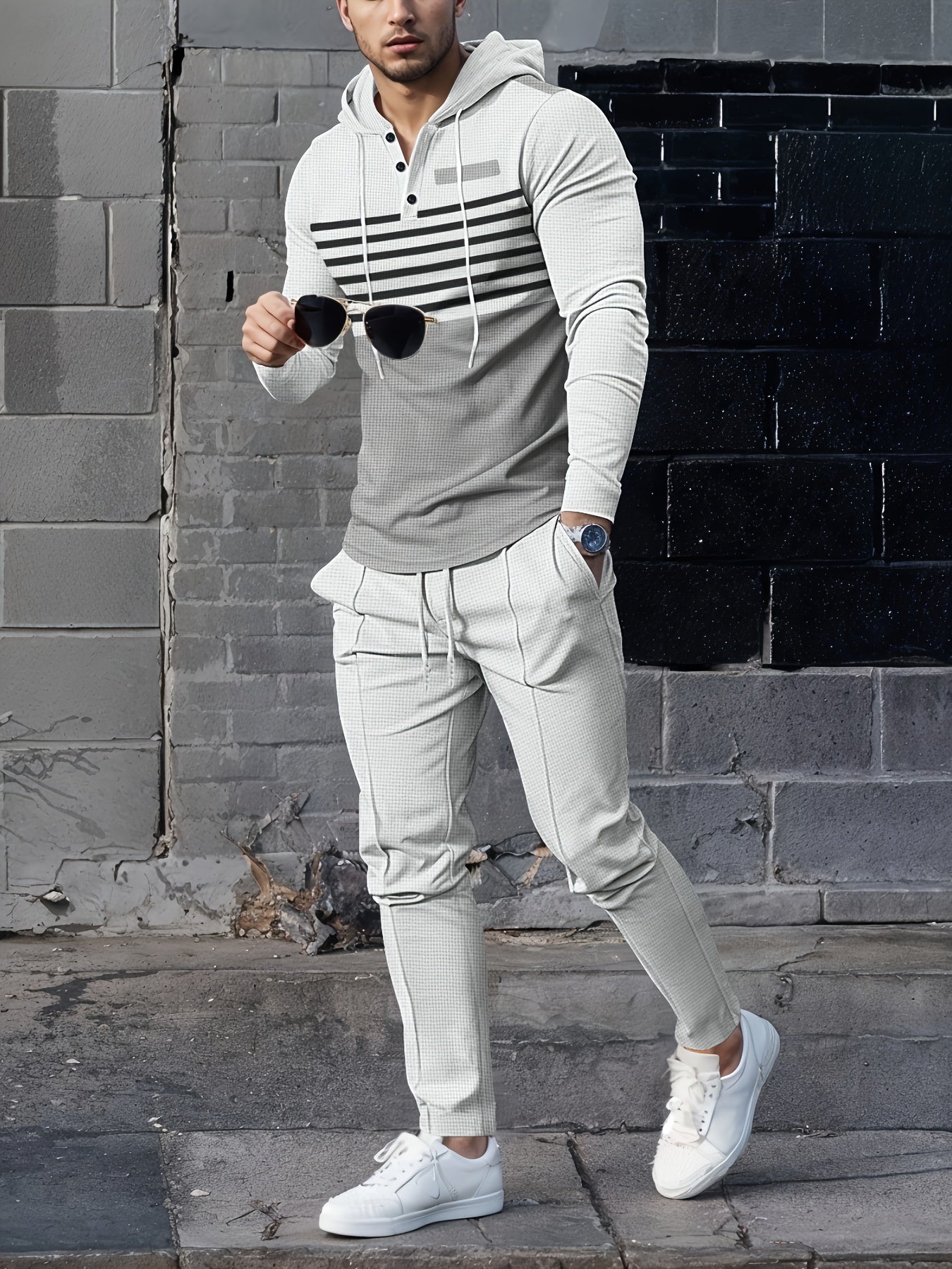 Autumn Waffle Striped Hooded Tracksuit Set for Outdoor Sports and Casual Wear