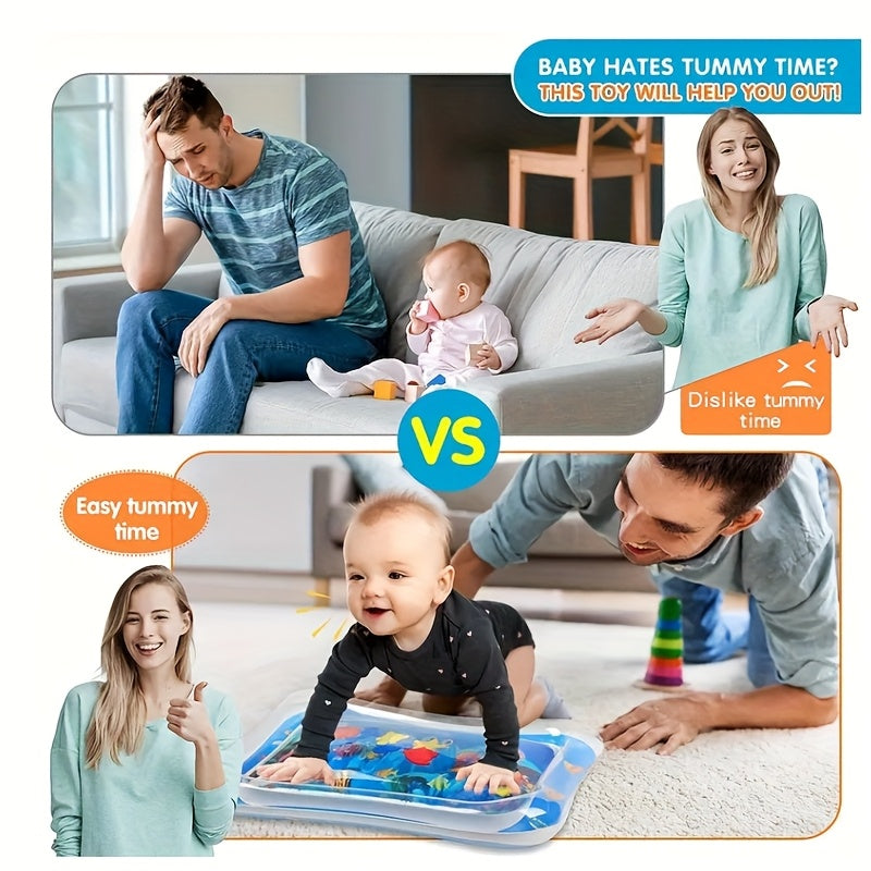 Infant Water Play Mat Blue PVC Tummy Time Water Mat with Floating Sea Creatures for Sensory Stimulation