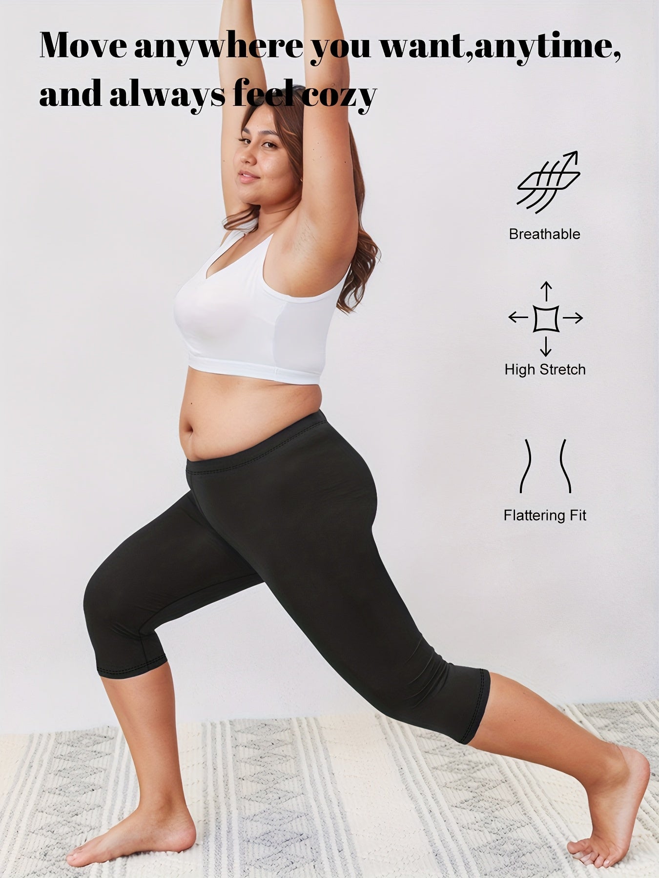 Plus Size Women's High-Waisted Capri Leggings 3 Pack Black Lightweight Soft