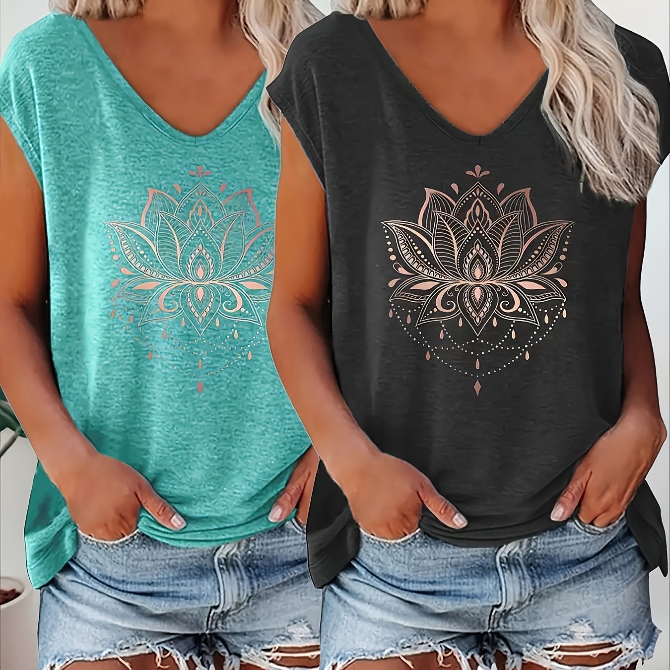 Women's V-Neck Short Sleeve T-Shirts 2-Pack Geometric Floral Print Lightweight  
Breathable Summer Tees Black Turquoise