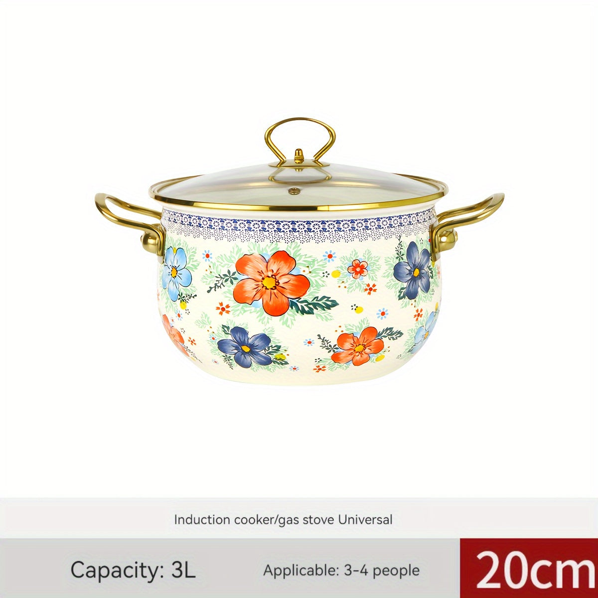 Enamel Soup and Stew Pot with Dual Handles, Clear Lid, Suitable for Gas and Induction Stoves