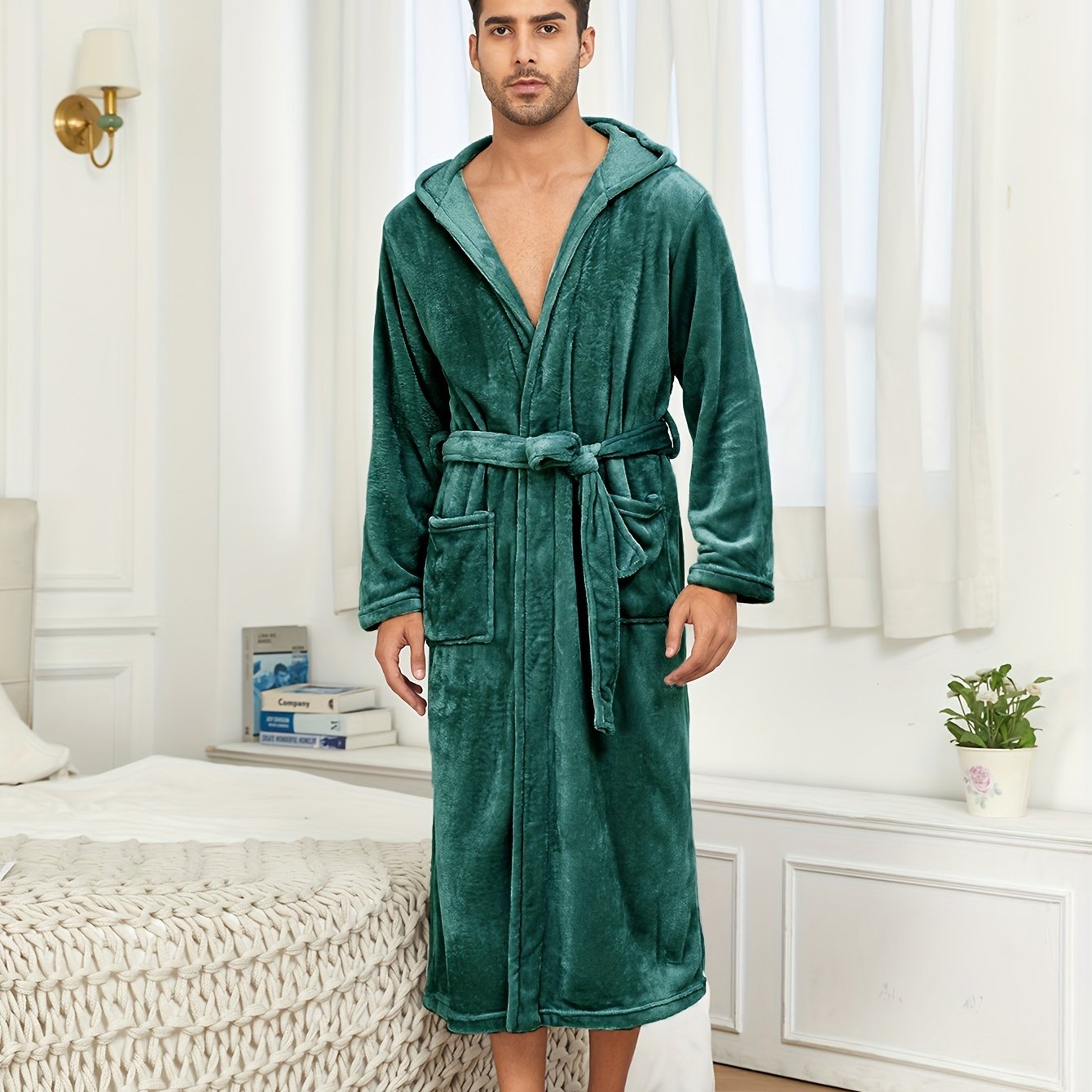 Men's Green Plush Fleece Hooded Bathrobe with Pockets and Tie Belt for Fall Winter