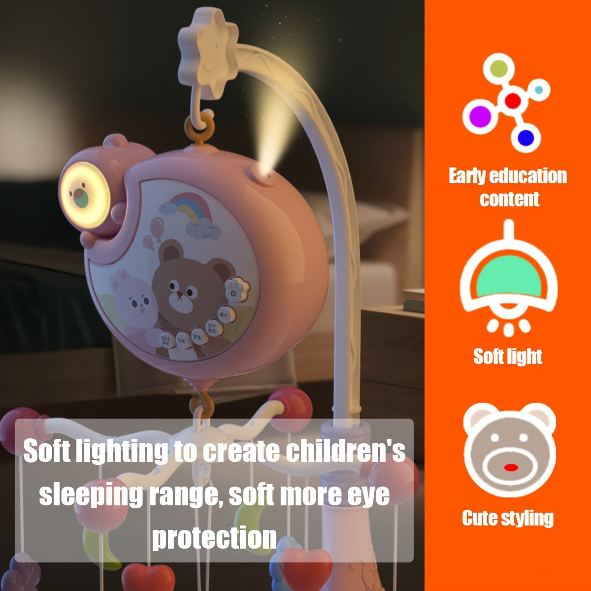 Bolalar uchun yoritgichli mobil, musiqa va aylanuvchi o'yinchoqlar bilan, BPAsiz plastmassa, aralash ranglar