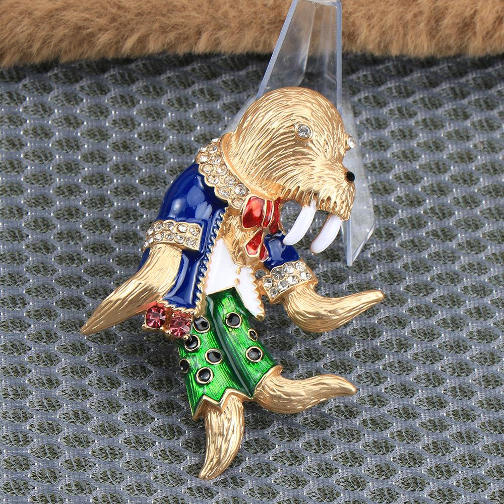 Vintage Enamel Walrus Brooch for Women Sea Animal Pin Retro Cartoon Corsage