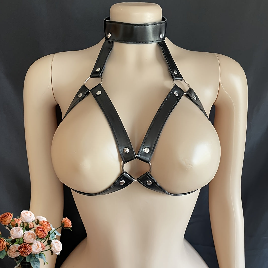 Ayollar uchun sozlanadigan bog‘lovchi qafasli bo‘yinbog‘i va ko‘krak qafasi, qora charm ko‘rinishida, metall halqalar bilan