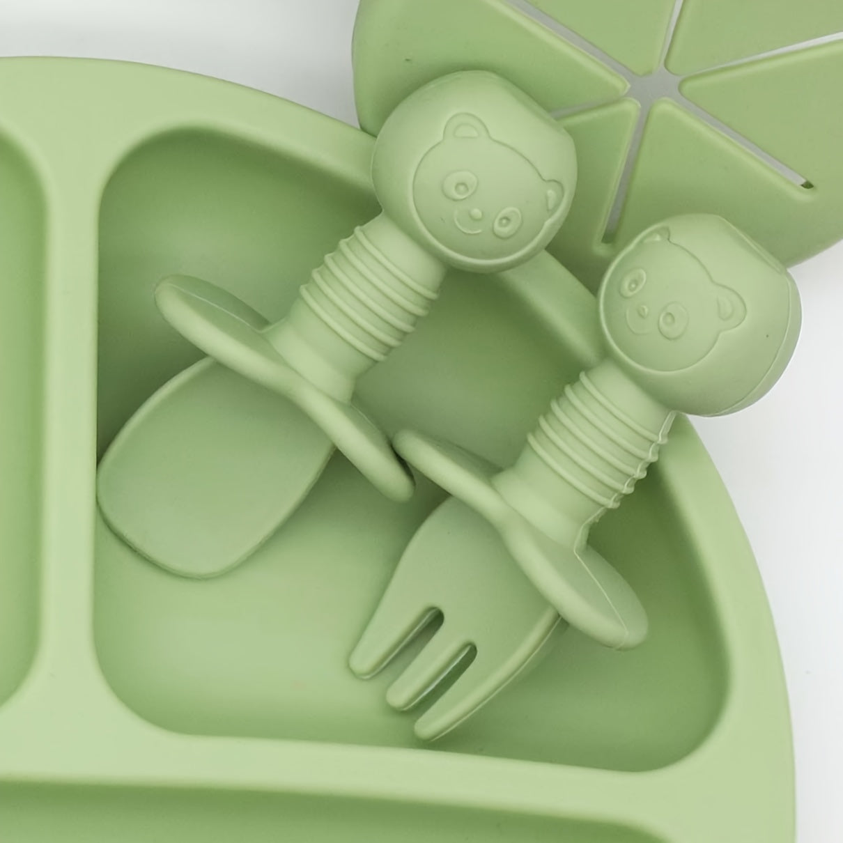 Juego de vajilla de silicona verde de 9 piezas con plato con babero, cuenco, taza y utensilios